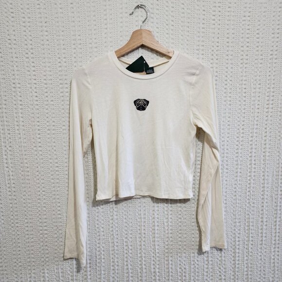 Wild Fable Pug Dog Ribbed Embroidered White Long Sleeve Crop Top Size Medium - Picture 4 of 13